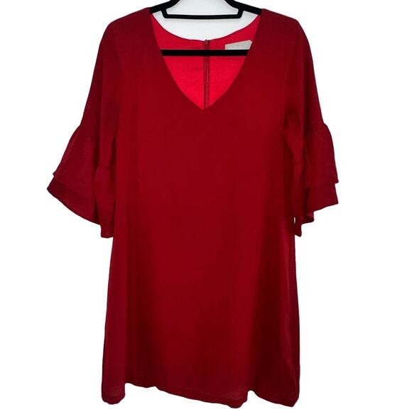 Vintage Shift Dress V-Neck Ruffle Back Zip Mini Dress, Red Burgundy M NWOT - Picture 1 of 9